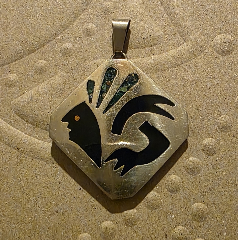 Vintage Pendant - Native Aztec Mayan Alpaca Silver w/Abalone Made in Mexico